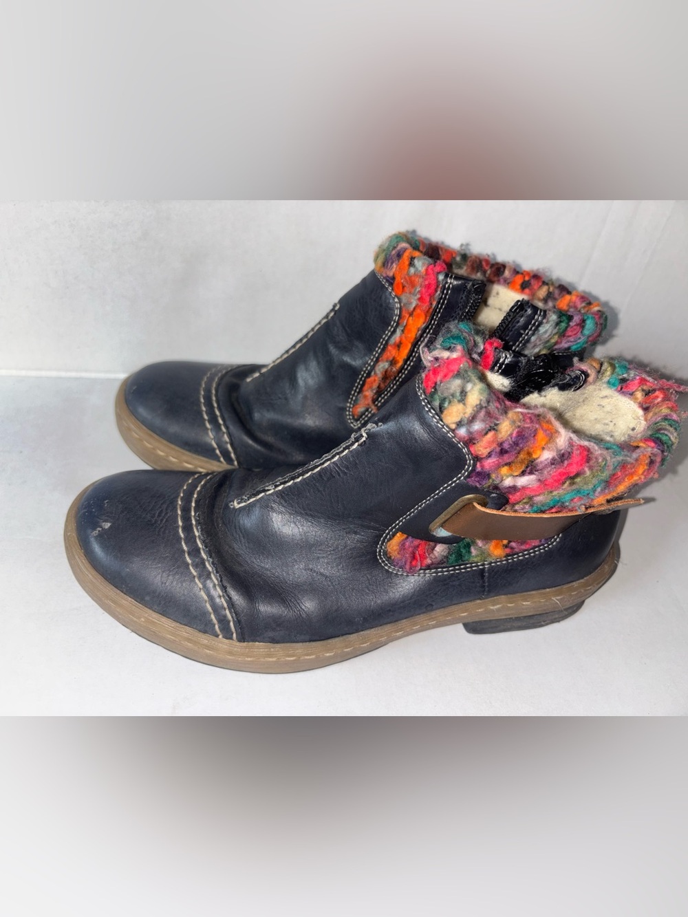 Rieker Felicitas Navy Leather Ankle Boots Multicolor Knit Cuff Size 36
